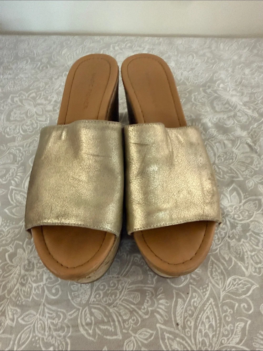 Marc Fisher Metallic Gold Fringe Cork Wedge Slides